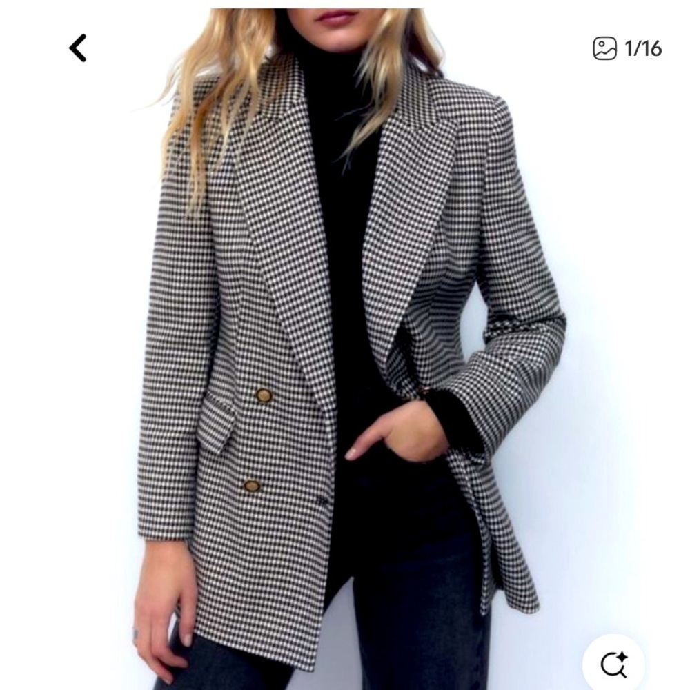 Zara houndstooth black gold button blogger fav fall casual classic double $120